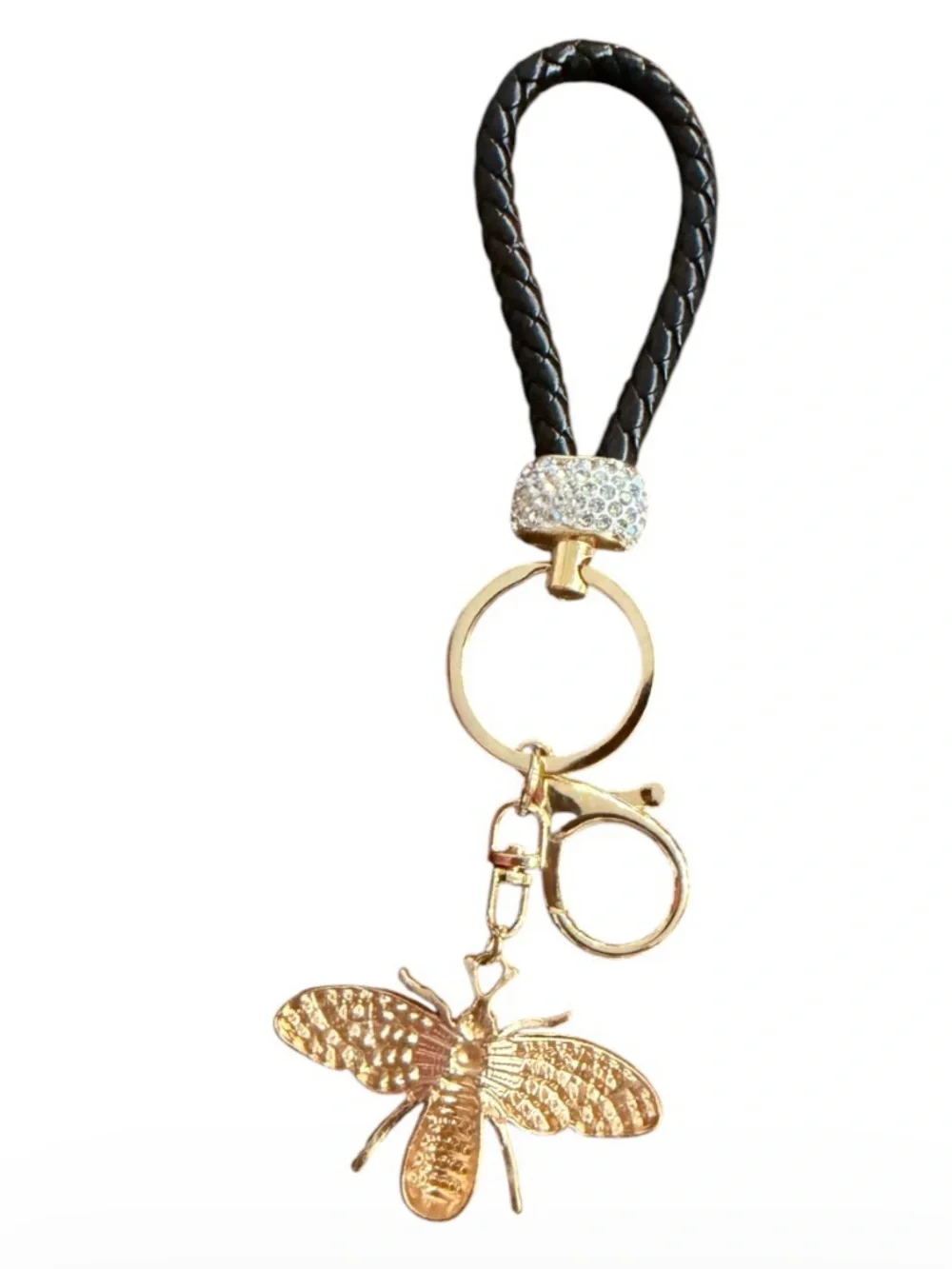 Gold Bee Keychain with Black Braided Loop -New